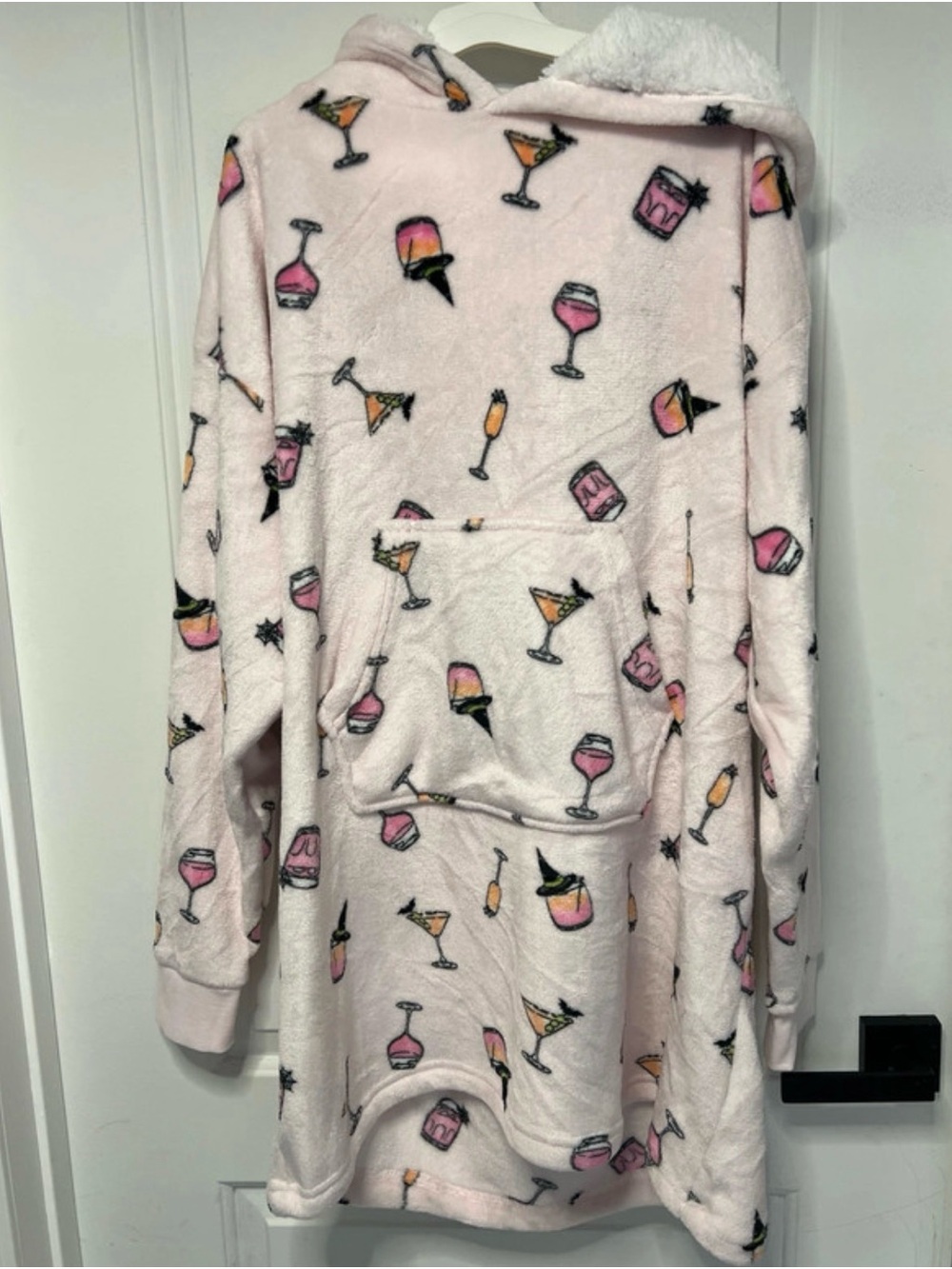 Plush Pink Hooded Halloween Sleep Dress with Cocktail Print Size S/M